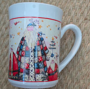 Vintage 2004 Gibson Ceramic Coffee Mug Debi Hron Santa Patchwork Microwave Safe
